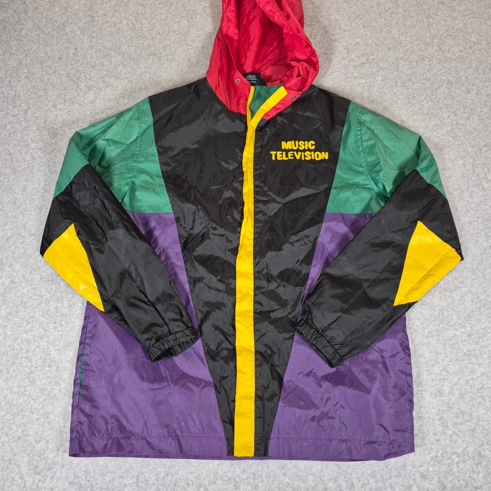 MTV Windbreaker Jacket Mens Medium Multicolor Colorblock Logo 90s Style Retro